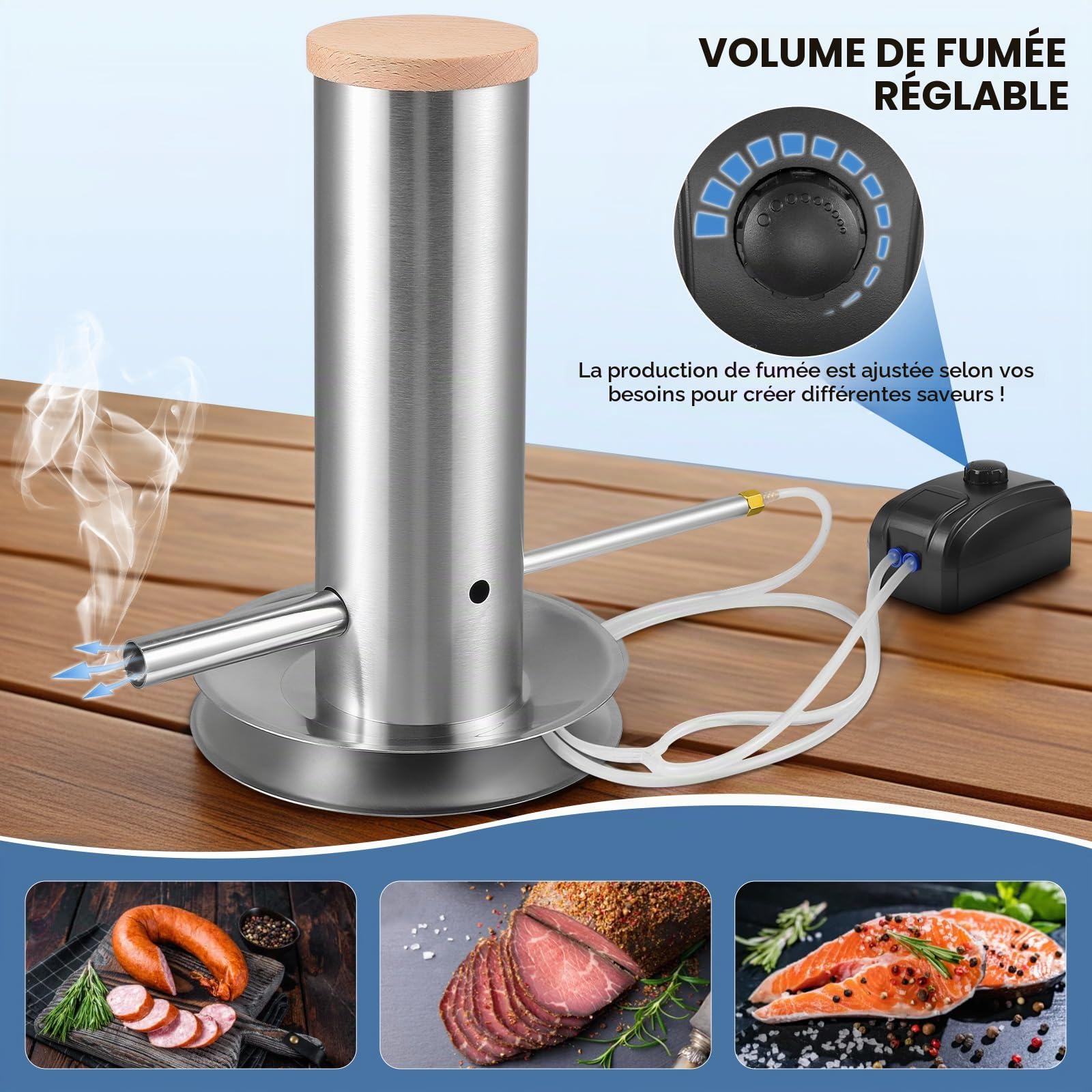 Générateur de Fumée Froide en Acier Inoxydable,Fumoir a Froid Fumoir Ggénérateur de Fumeur pour Fumoir Viande et Poisson avec Pompe et Tube Verseur Amovible,Générateur de Fumée Froide pour Barbecue