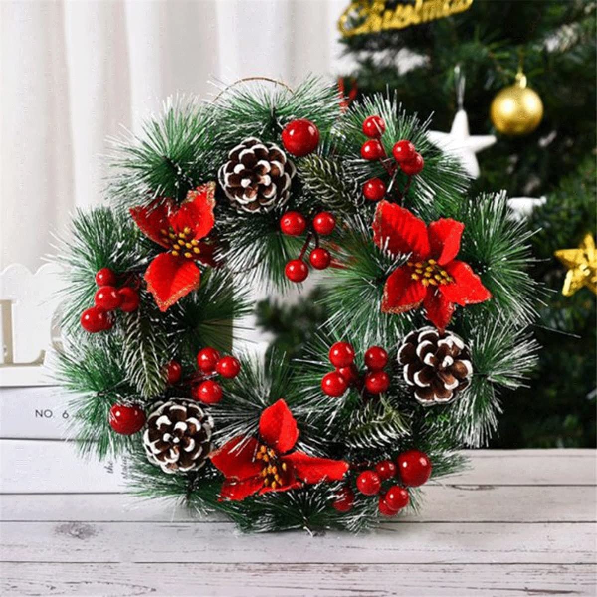 Corona de Navidad para puerta delantera, decoración de arte de Navidad, Día de Acción de Gracias, decoración del hogar interior y exterior, corona de guirnalda de Navidad con piñas, lazos a cuadros,