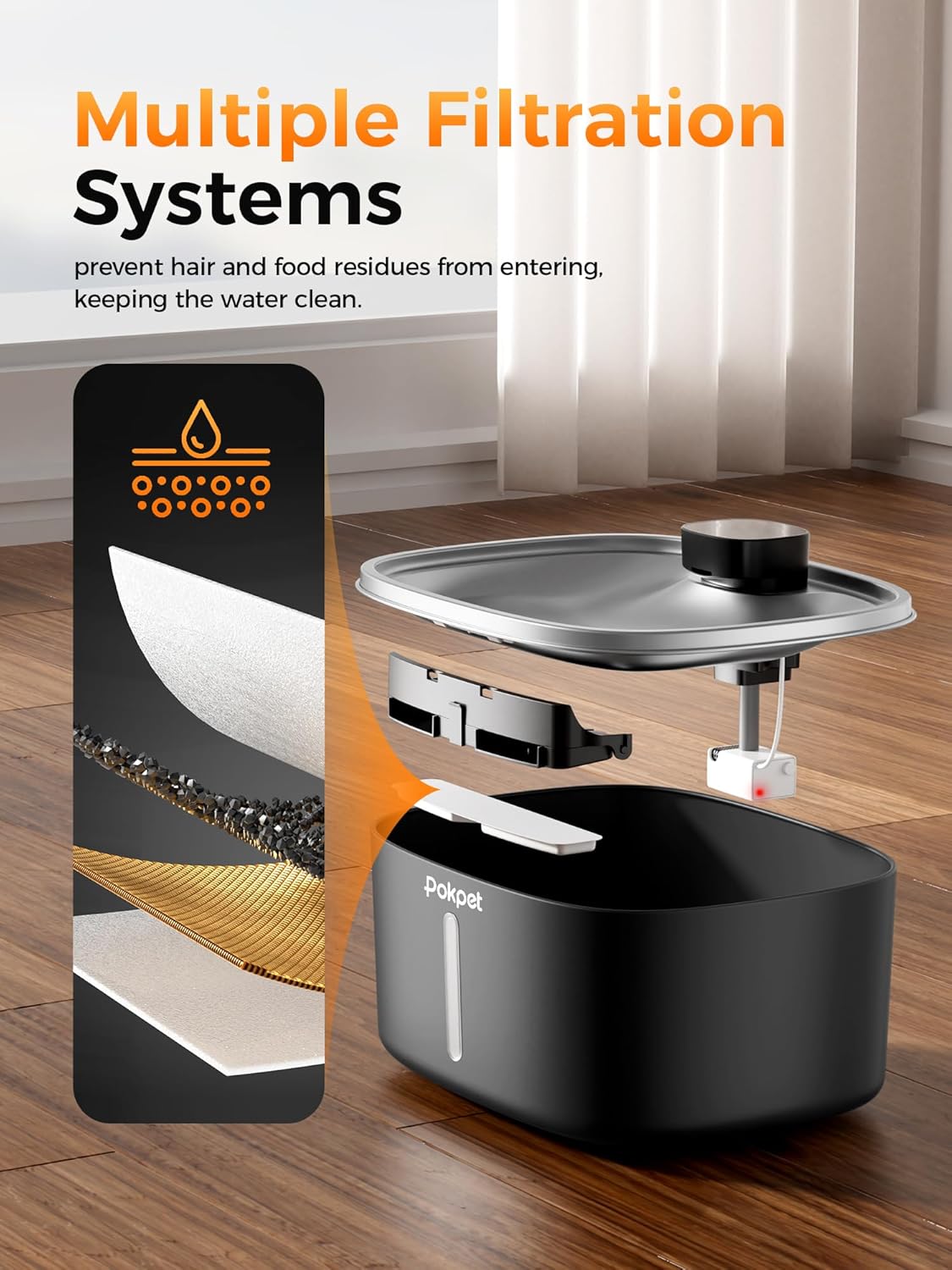 Water Fountain for Dogs Indoor Homes Stainless Steel 10L/2.64GAL Plug in Plastic Reservoir Stainless Steel Water Bowl Filtered Multi-Pet Quiet Large Black Plug-in &1Filter