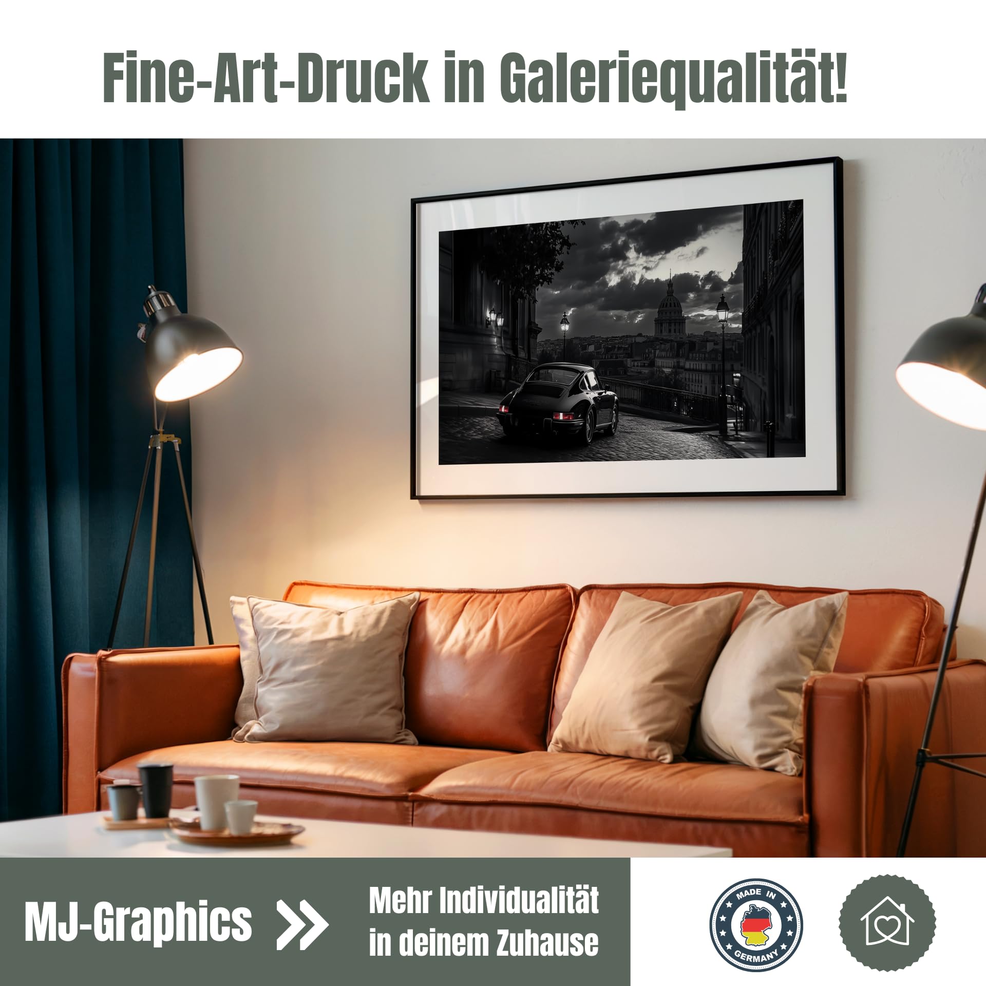 MJ-GRAPHICS® Poster Porsche Bild Auto 90x45cm – Oldtimer Poster 911 Stadtblick Abendlicht schwarz-weiß Wandbild Kunstdruck Männerzimmer Wohnzimmer Büro Vintage OHNE RAHMEN