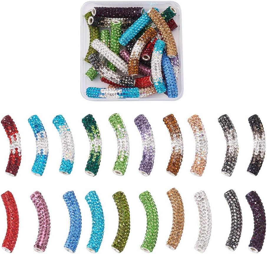 Beadthoven 20pcs 47x9mm Tube Brass Middle East Rhinestone Beads Assorted Color Polymer Clay Disco Crystal Beads with Double Core for Jewelry Making Handmade Crafts Accessories Supplies