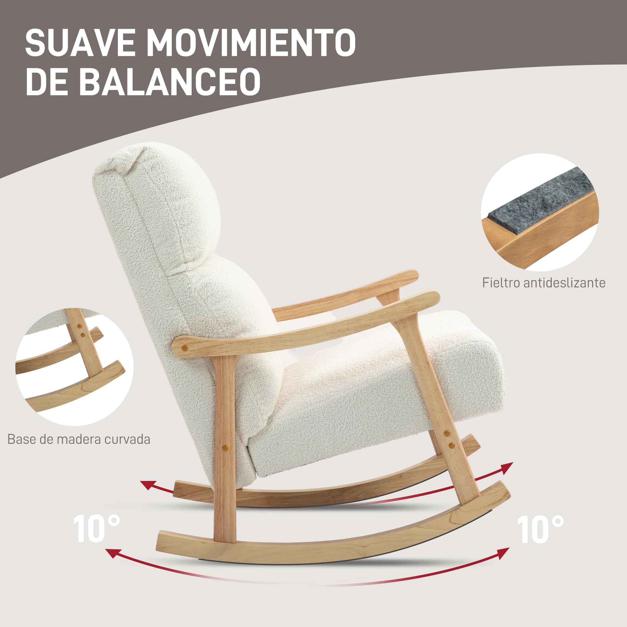 HOMCOM Silla Mecedora de Borreguito Moderna, Mecedora con Patas y Reposabrazos de Madera de Caucho, Respaldo Alto, Carga 120 kg, para Dormitorio, Salón, Crema