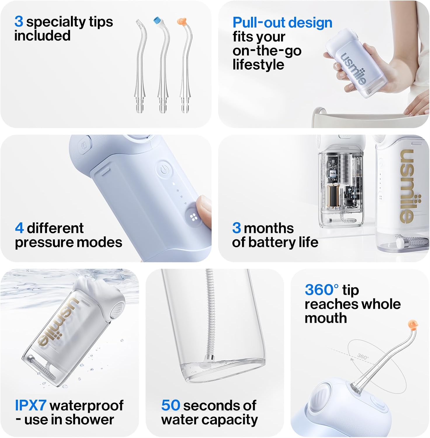 【3-in-1 Bundle】 usmile C10 Portable Water Flosser Blue, S-Type Nozzles & Travel Case – Complete Oral Care Set for Home & Travel