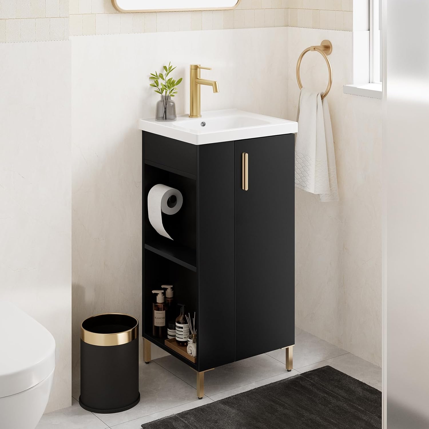 phiestina Pre-Assembled 16 Inch Black Small Bathroom Vanity, Freestanding Bathroom Cabinet with Ceramic Sink, Soft-Close Door, Left Side Storage, No Faucet, BV05-16-PUREBLACK-PLUS