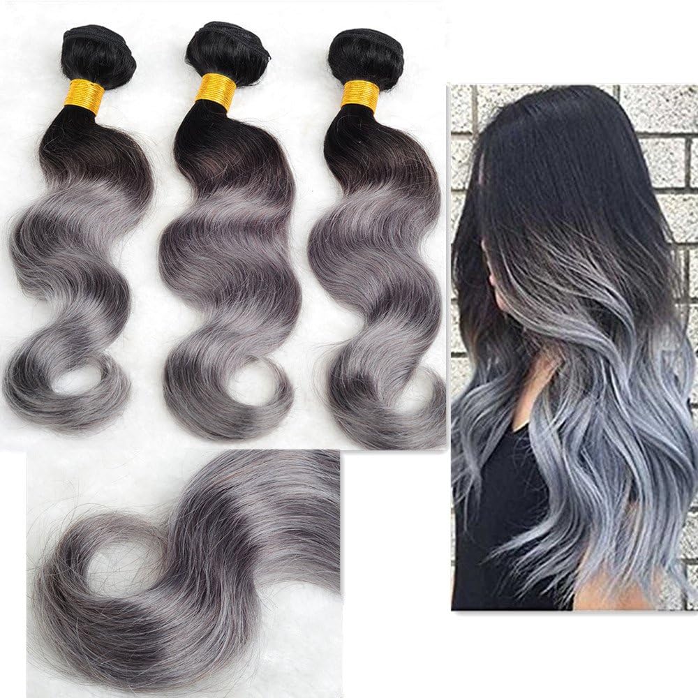 Ombre Body Wave 3 Bundles 1B/Drak Grey Weave Brazilian Human Hair Black To Gray Extensions -12 12 14 inch