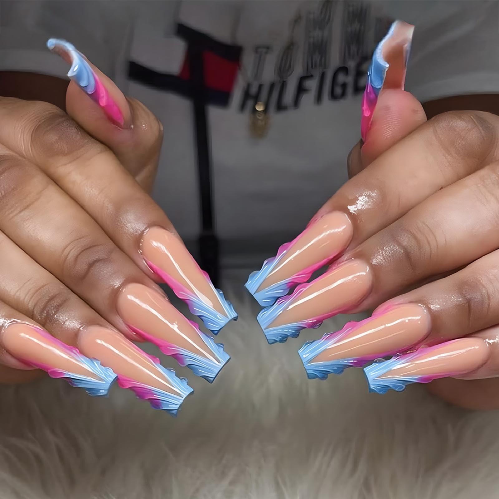 Ombre French Tips Press on Nails Long Square Stick on Nails with Gradient Pink Blue Design Glossy Skin Tones Fake Nails 3D Texture False Nail Sparkly