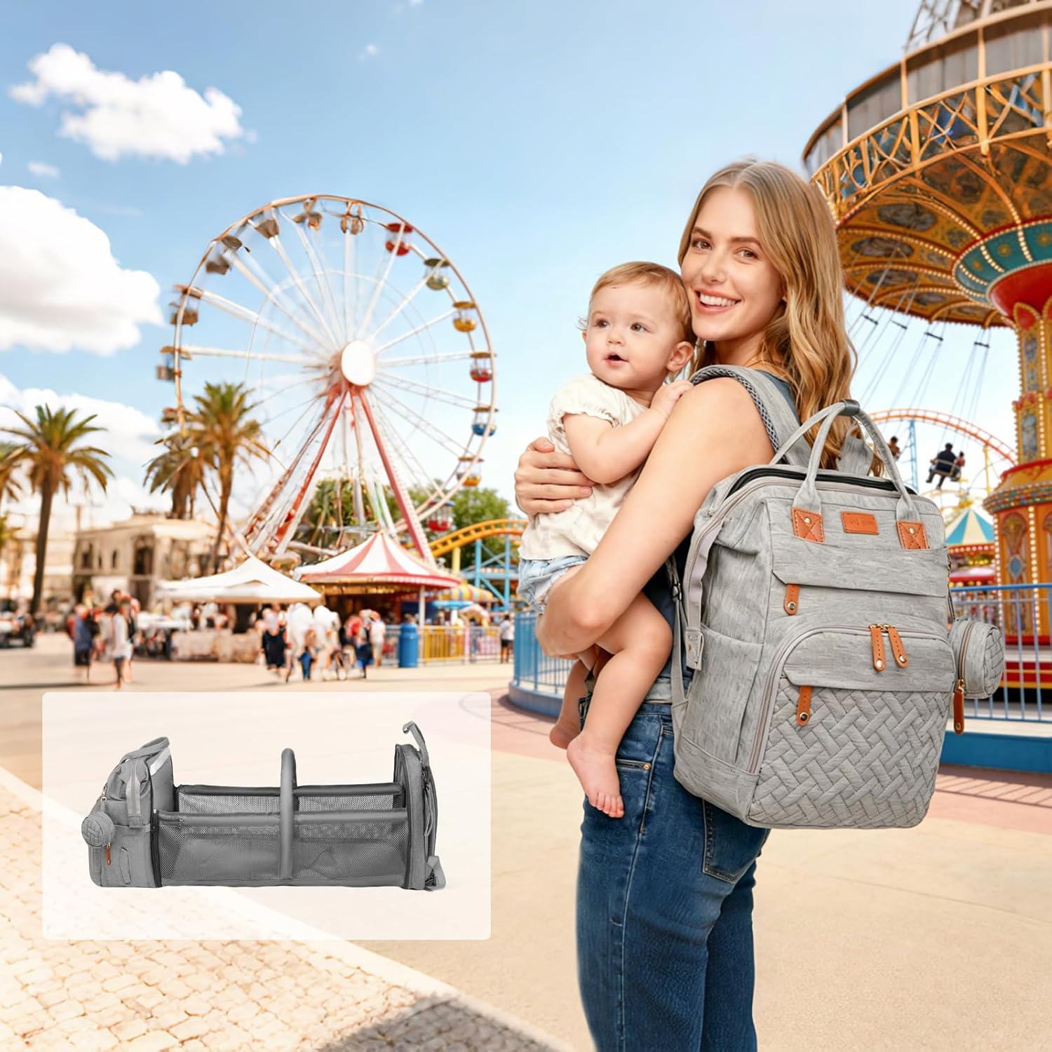 Baby Diaper Bag Backpack with Changing Station, Waterproof Large Capacity Baby Bag with USB Charging Port, Lightweight Travel Backpack Diaper Bag with Portable Crib - Grey