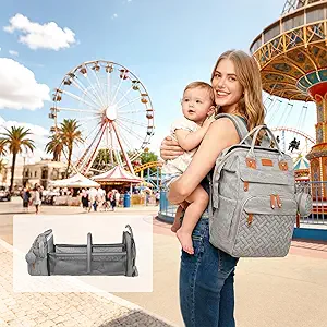 Baby Diaper Bag Backpack with Changing Station, Waterproof Large Capacity Baby Bag with USB Charging Port, Lightweight Travel Backpack Diaper Bag with Portable Crib - Grey
