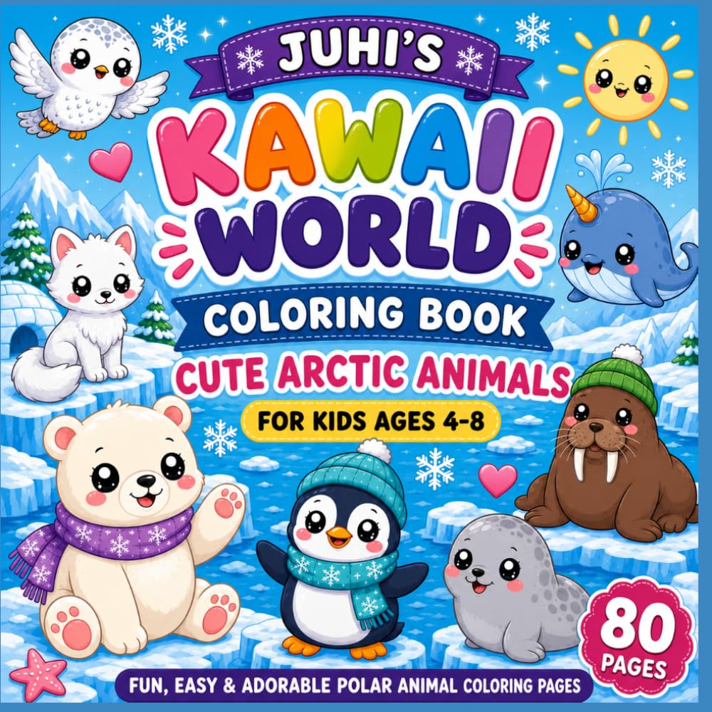 Juhi's Kawaii World Coloring Book: Cute Arctic Animals for Kids Ages 4–8: 80 Cute Arctic Animal Coloring Pages for Kids Ages 4–8