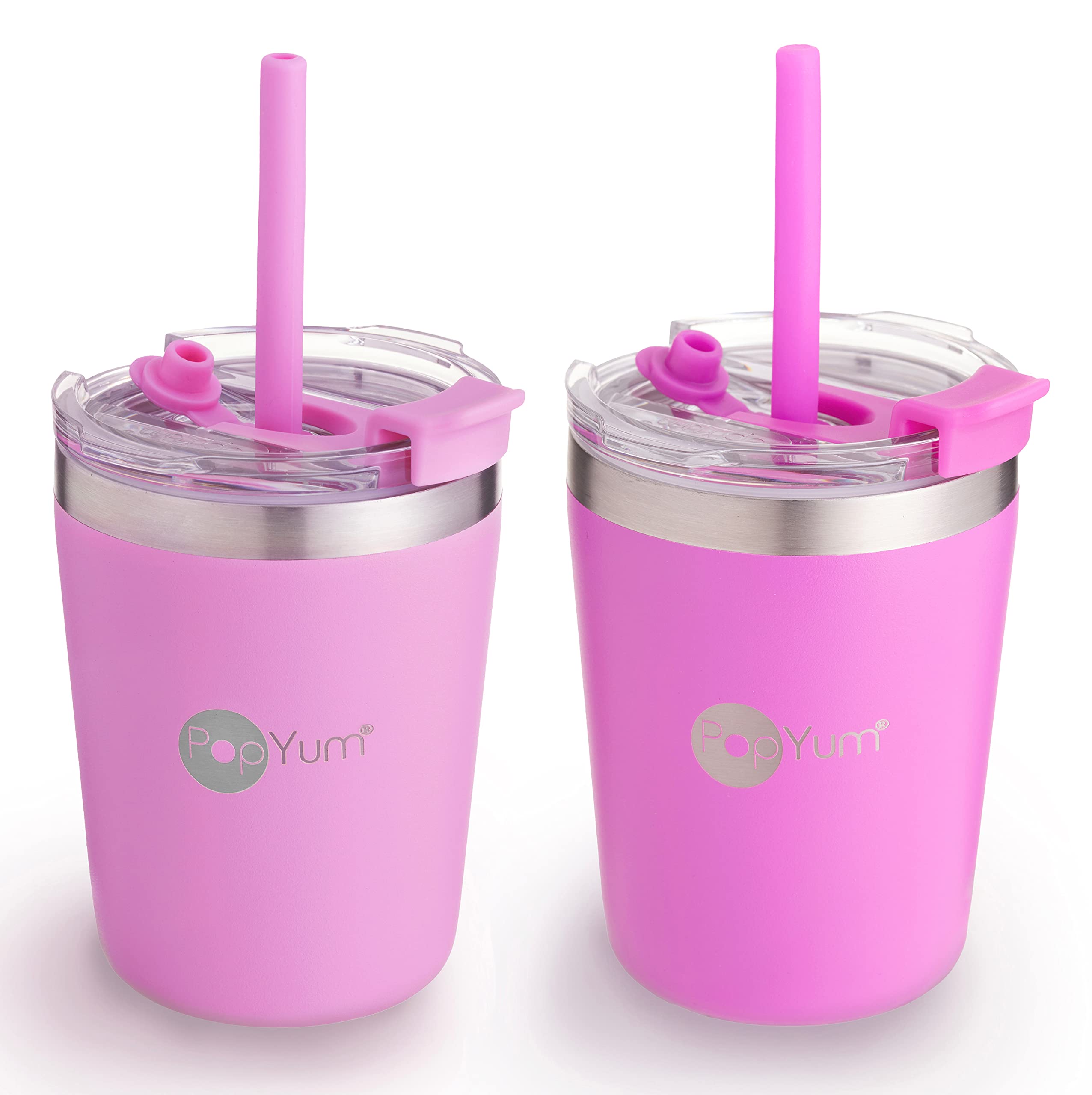 PopYum 9oz Insulated Stainless Steel Kids’ Cups with Lid and Straw, 2-Pack, Purple, Pink, stackable, sippy, baby, child, toddler, tumbler, double wall