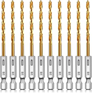Titanium Twist Drill Bit Set, 10 Pcs 1/8" Hex Shank Drill Bits High Speed Steel for Wood, Plastic, Aluminum Alloy, Metal, Quick Change