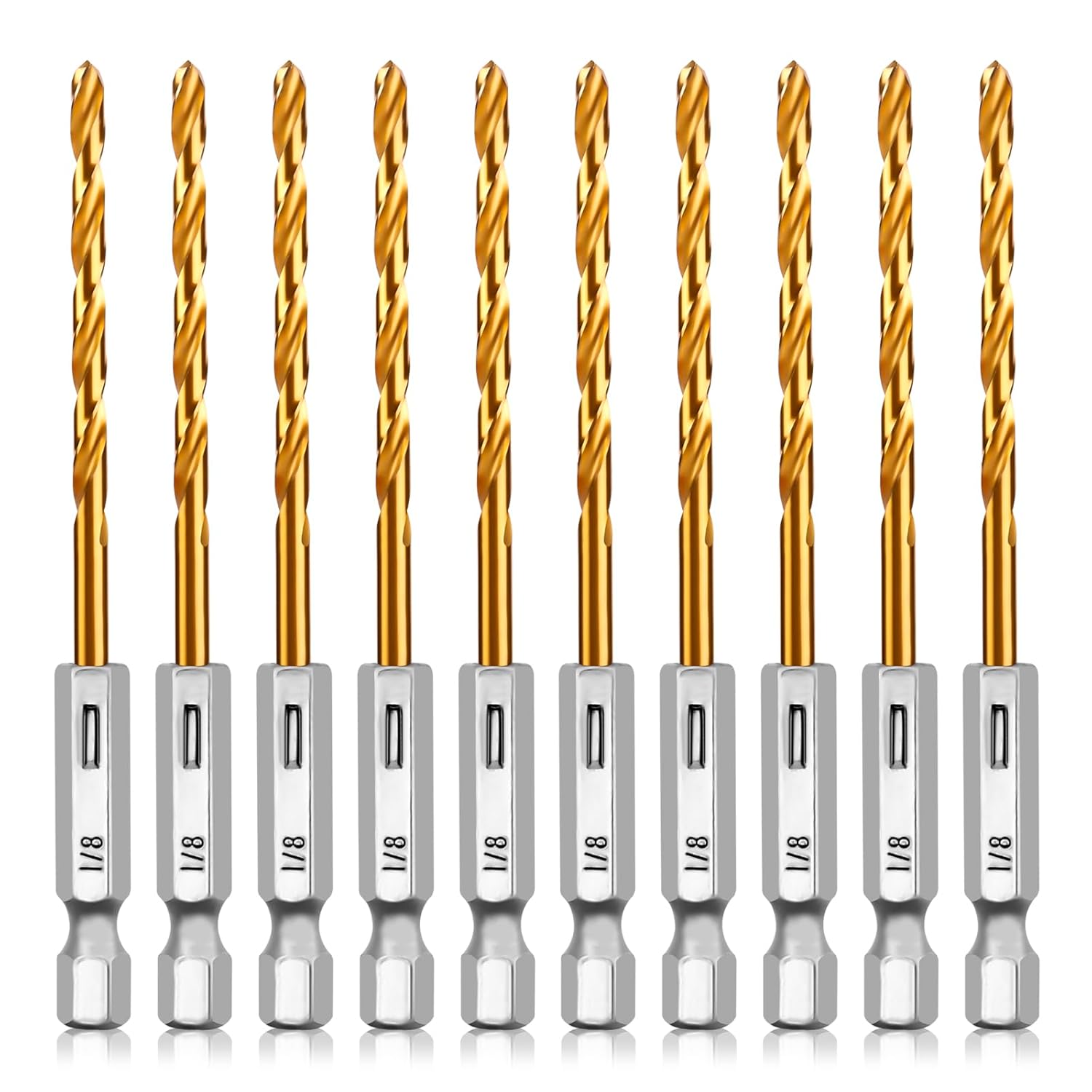 Titanium Twist Drill Bit Set, 10 Pcs 1/8" Hex Shank Drill Bits High Speed Steel for Wood, Plastic, Aluminum Alloy, Metal, Quick Change