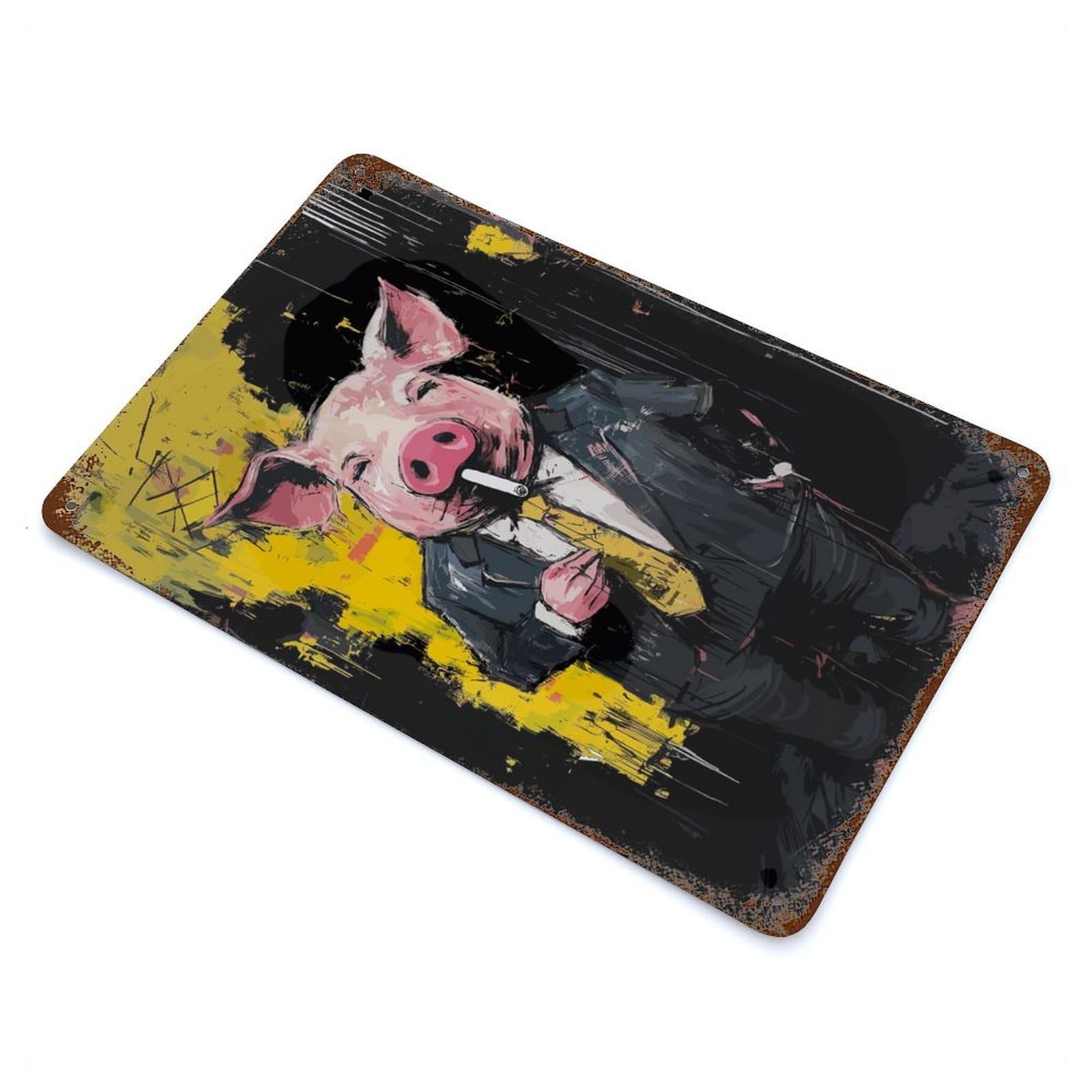 Pig in Suit Smoking Cigarette Art Vintage Rust Metal Sign 11.8"x7.9", Ideal for Basement, Hobby Room And Garage Decor