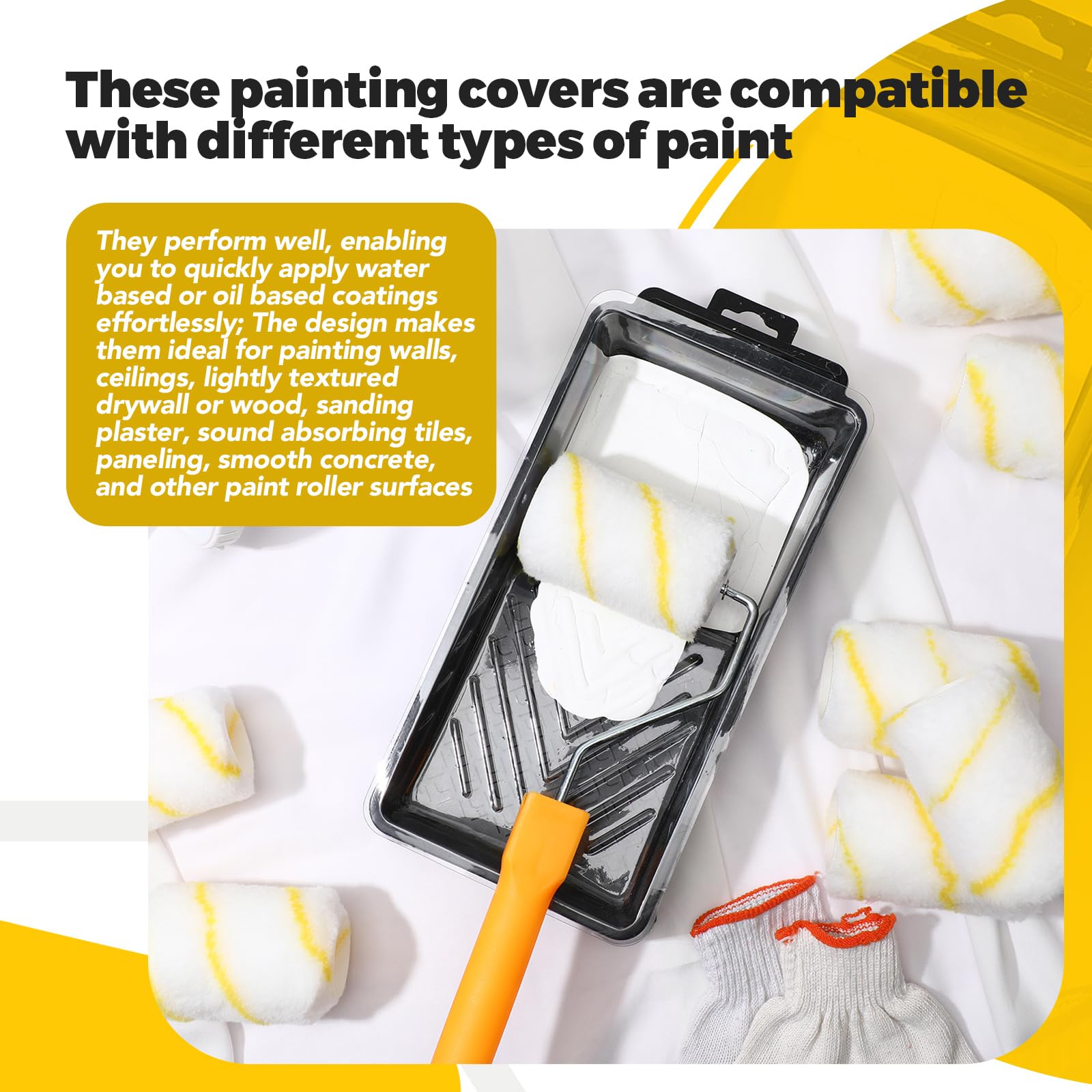 Pinkunn 48 coperture per rulli in microfibra ad alta capacità, per pennelli a rullo, forniture per la pittura della casa per tutte le superfici, strumenti di riparazione per la casa (striscia gialla,