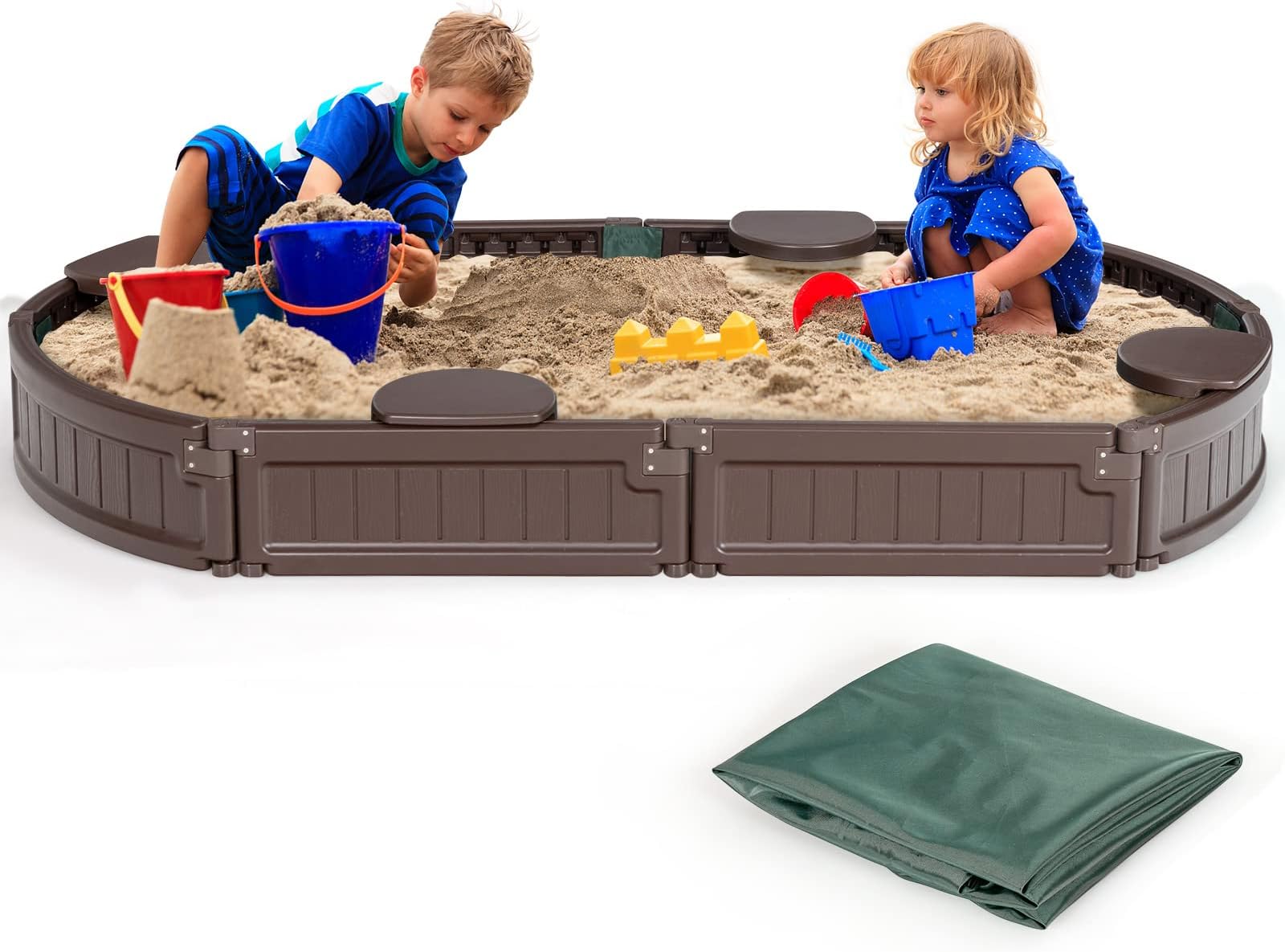 Costzon Kids Sandbox with Cover, Detachable Built-in Seating, Bottom Liner, Weather Resistant Outdoor Sandbox Kit, Child Outdoor Sand Pit for Backyard Lawn Garden Beach, Elliptical