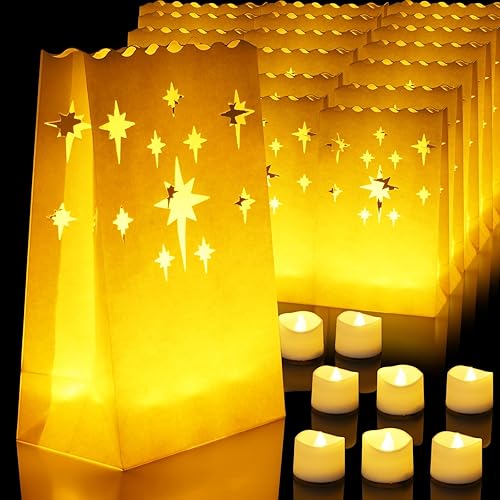 Homemory Bolsas luminarias con velas sin llama, 24 velas de té LED con 12 bolsas, velas sin llama con luces blancas cálidas, pequeñas velas de té