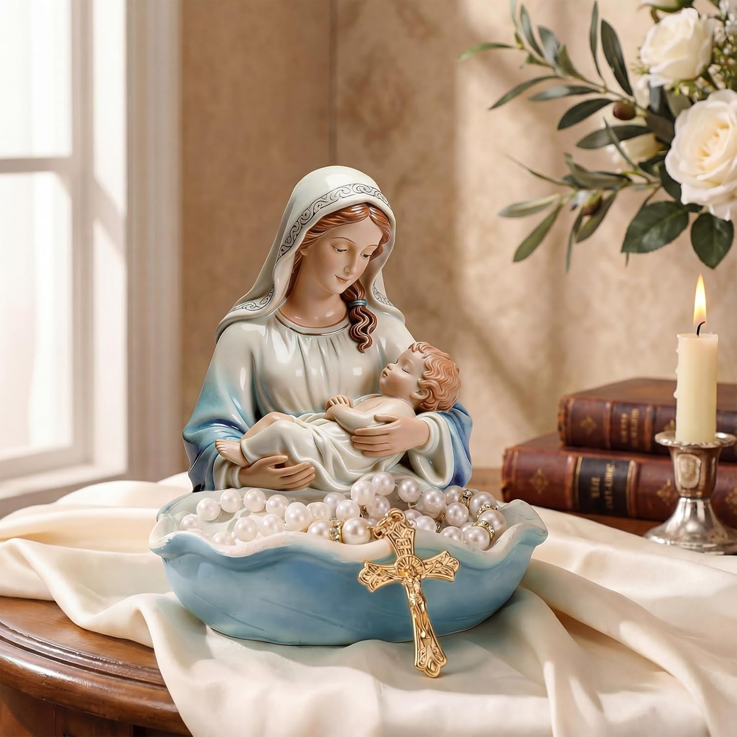 Lineshading Our Lady of Grace Statue Virgin Mary Keepsake Rosary Holder, 5" Blessed Mother Statues, Resin Relic, Catholic Gifts for Women Religious Home Decor (Blue & White)