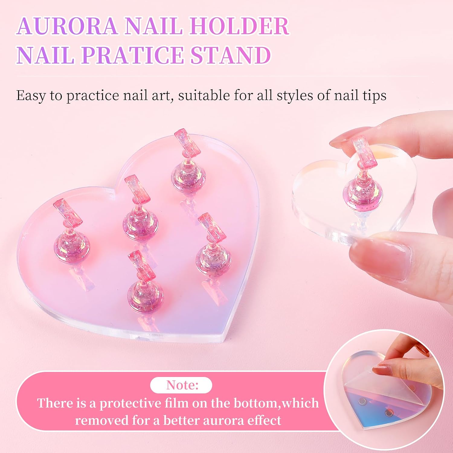 Nail Stand for Press ons, 2 Set Heart Nail Holder for Painting Nails Aurora Nails Display Practice Art Magnetic Nail Display Stand with 200 Pcs Adhesive Tabs Nail Art for Display Home Salon