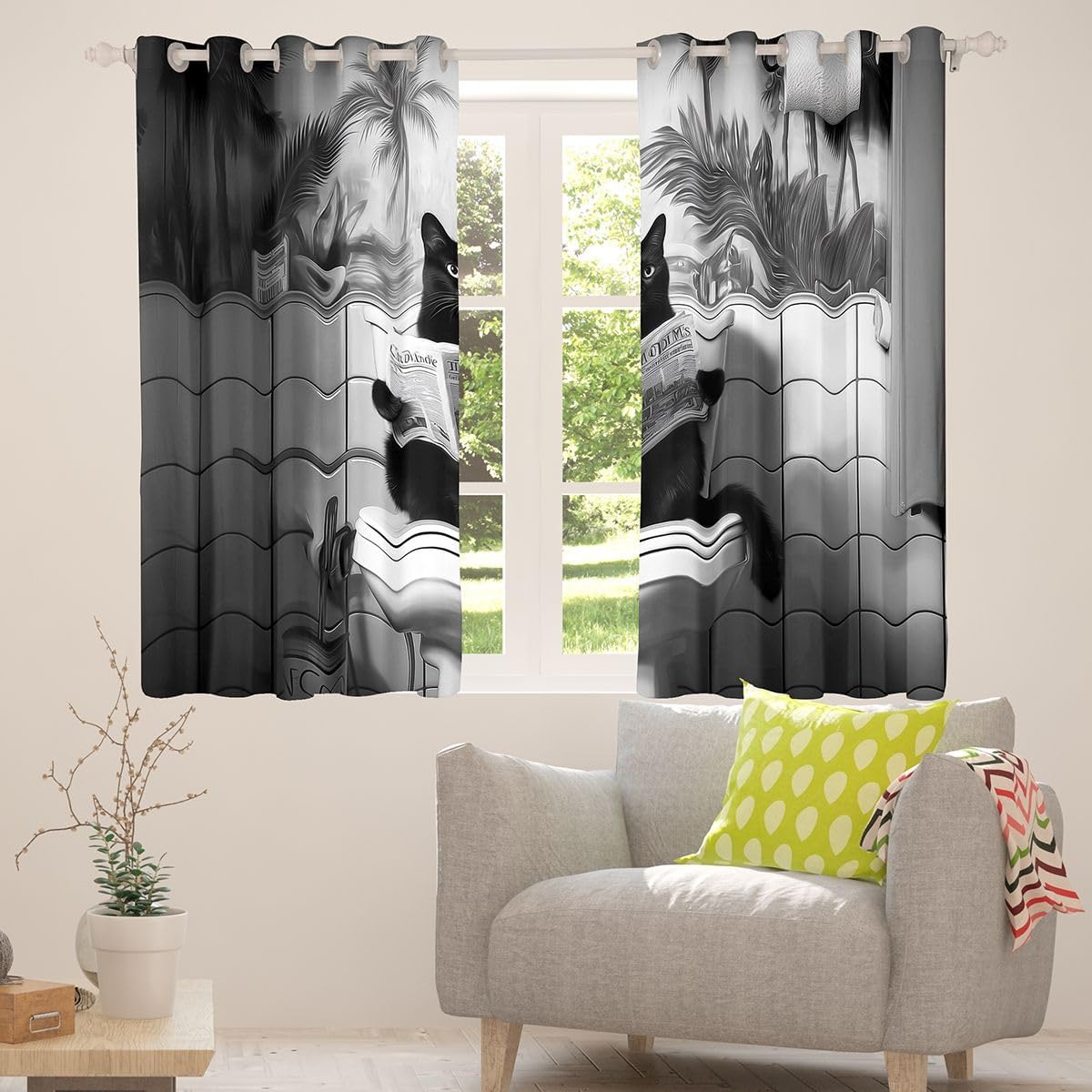 Feelyou Black and White Curtains for Bedroom Living Room Funny Black Cat Blackout Shades Kawaii Room Darkening Curtain Cute Animal Window Treatments, 2 Panels 38 x 45 Inch Cartoon Decor image 4