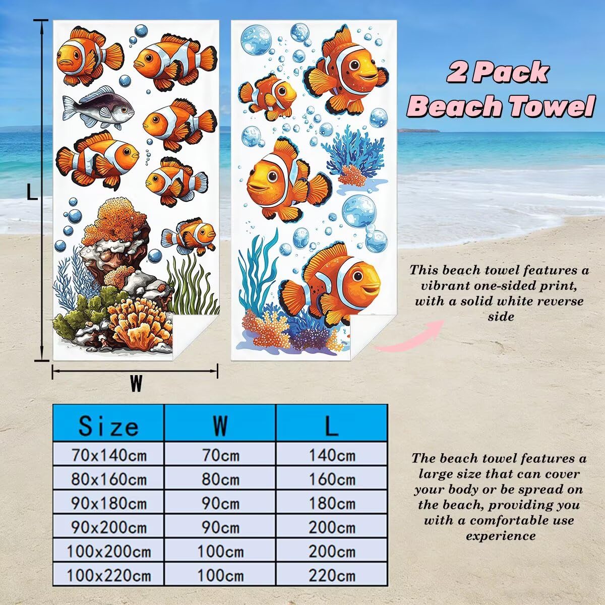 Ręcznik plażowy 100 x 220 cm, 2 szt., szybkoschnący ręcznik z mikrofibry, niezbędne w podróży, bez piasku, ręczniki plażowe z mikrofibry, ryby, lekkie, bardzo duże ręczniki dla dorosłych do pływania