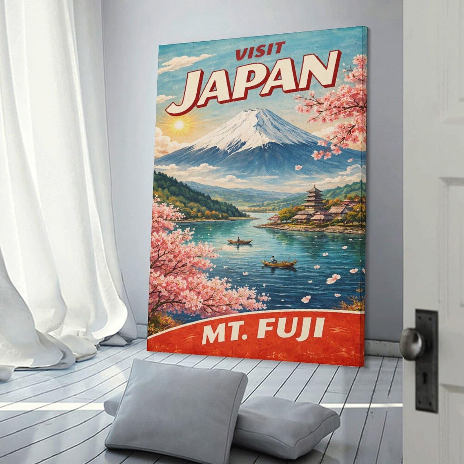 Junmoney Wall Picture Print Visit Japan Mt. Fuji Vintage, 24x36inch(60x90cm), for Living Room, Lounge Or Sitting Room, A Home Accent with Warm Character