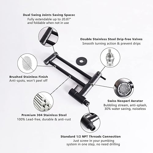 Miniatura 7 de Grifo de llenado de ollas negro grifo de llenado de olla montaje en pared solo agujero 304 acero inoxidable plegable doble 2 articulación brazo