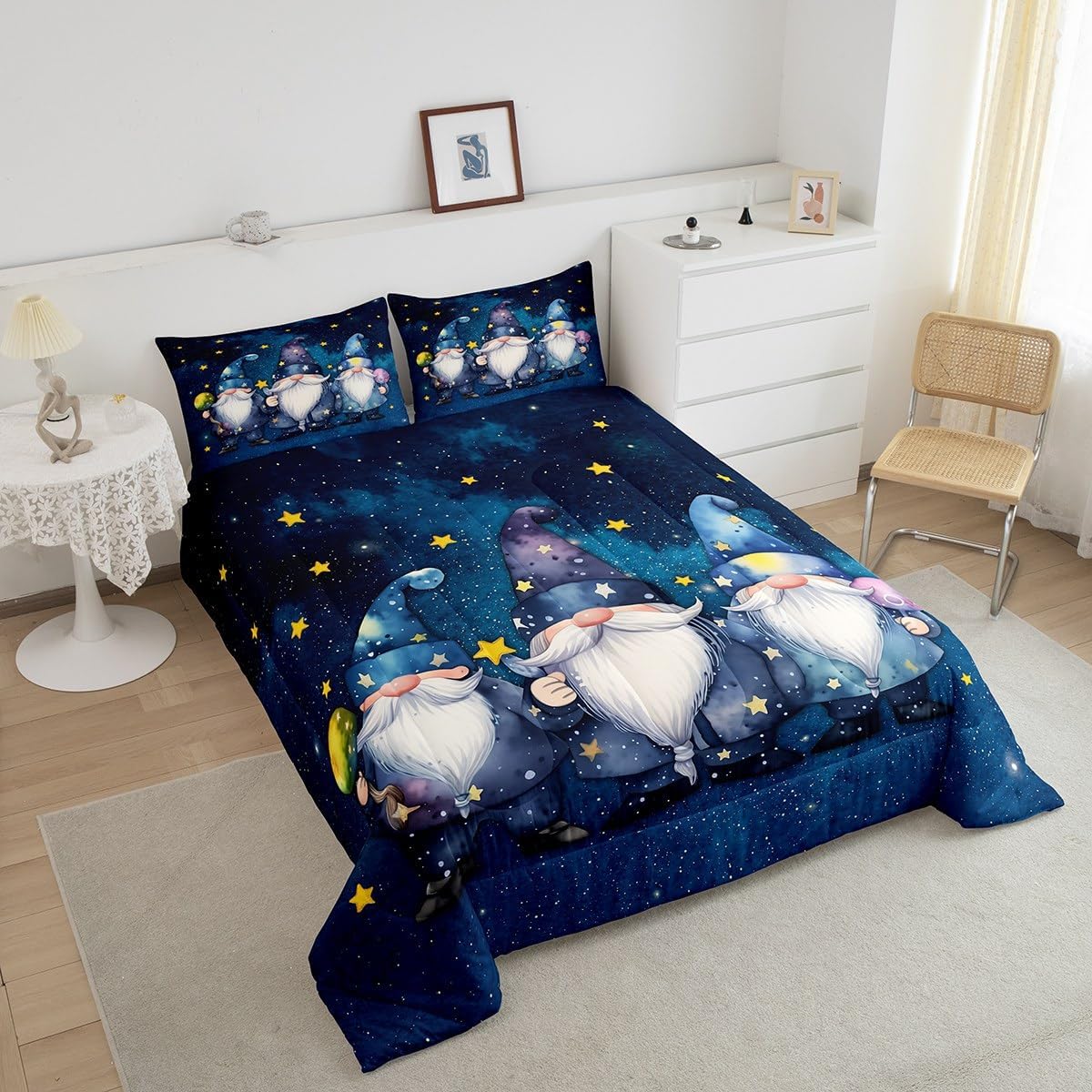 Castle Fairy Galaxy Gnome Full Size Comforter Set,Starry Sky Bedding Set for Adults Teens,Children Stars Moon Comforter Luxury Outer Space Quilt Set Room Decor 3Pcs