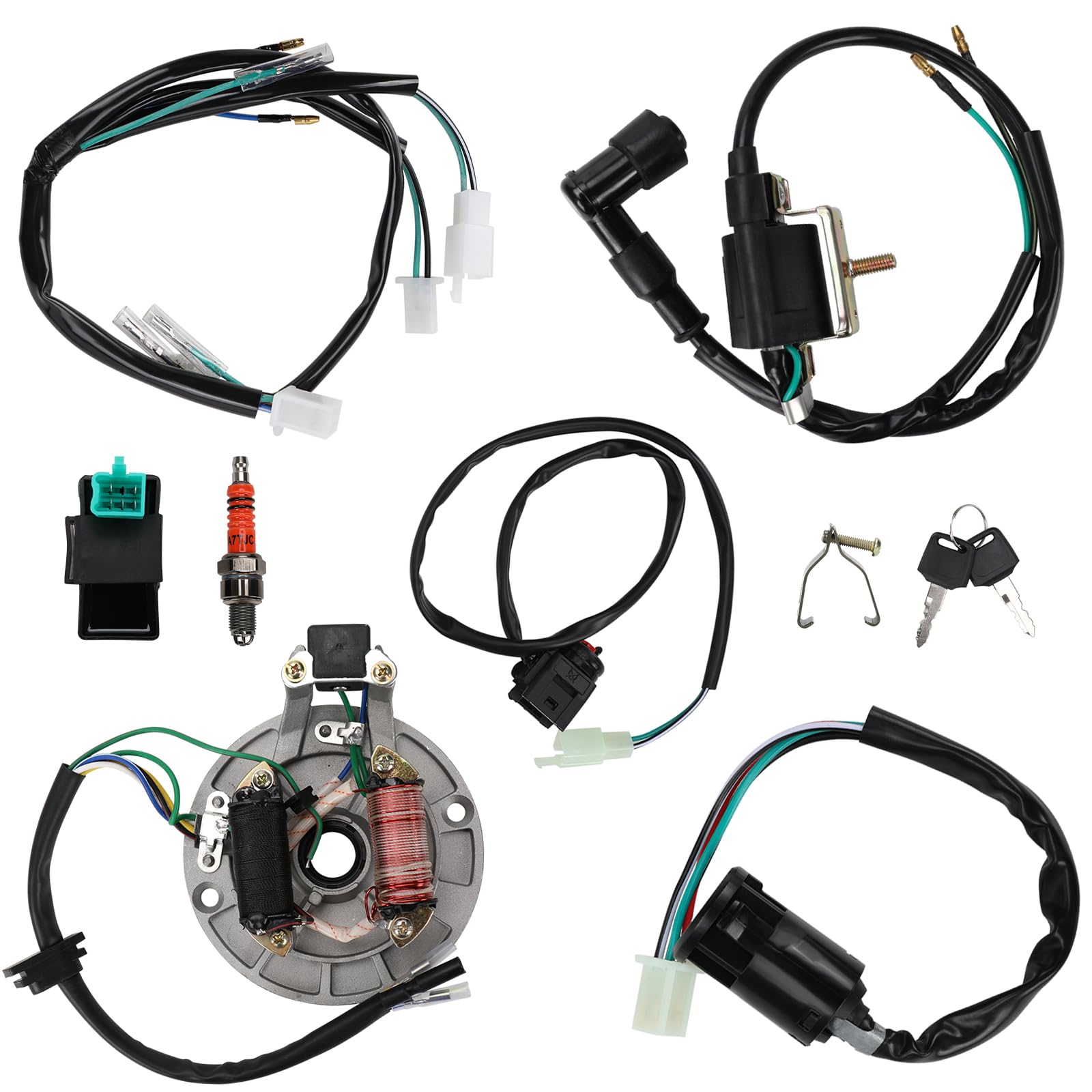 Bobina de Encendido CDI Bujía Cable Arnés Magneto Estator Kit, Magneto Estator Eléctrico Arnés de Cableado Relé Solenoide para 50cc -140cc Kick Start Dirt Pit Bike ATV