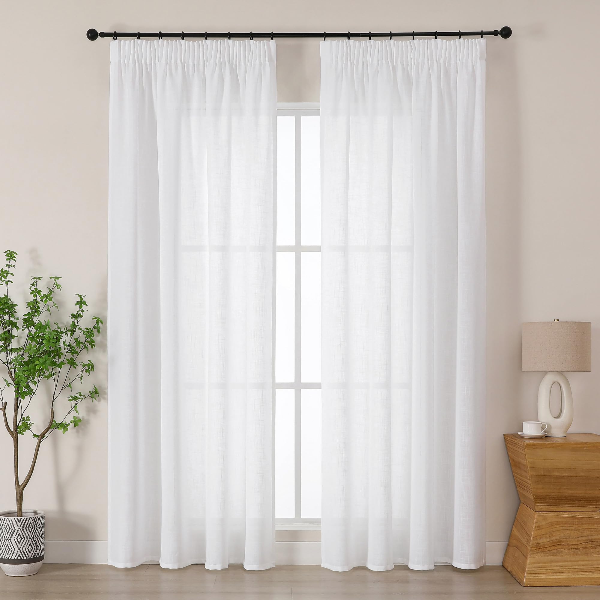 Simplebrand White Linen Blend Pencil Pleat Curtains, Light Filtering Semi-Sheer Textured Window Drapes for Privacy, 2 Panels for Living Room, Patio Door & French Window, W140 x L220 cm