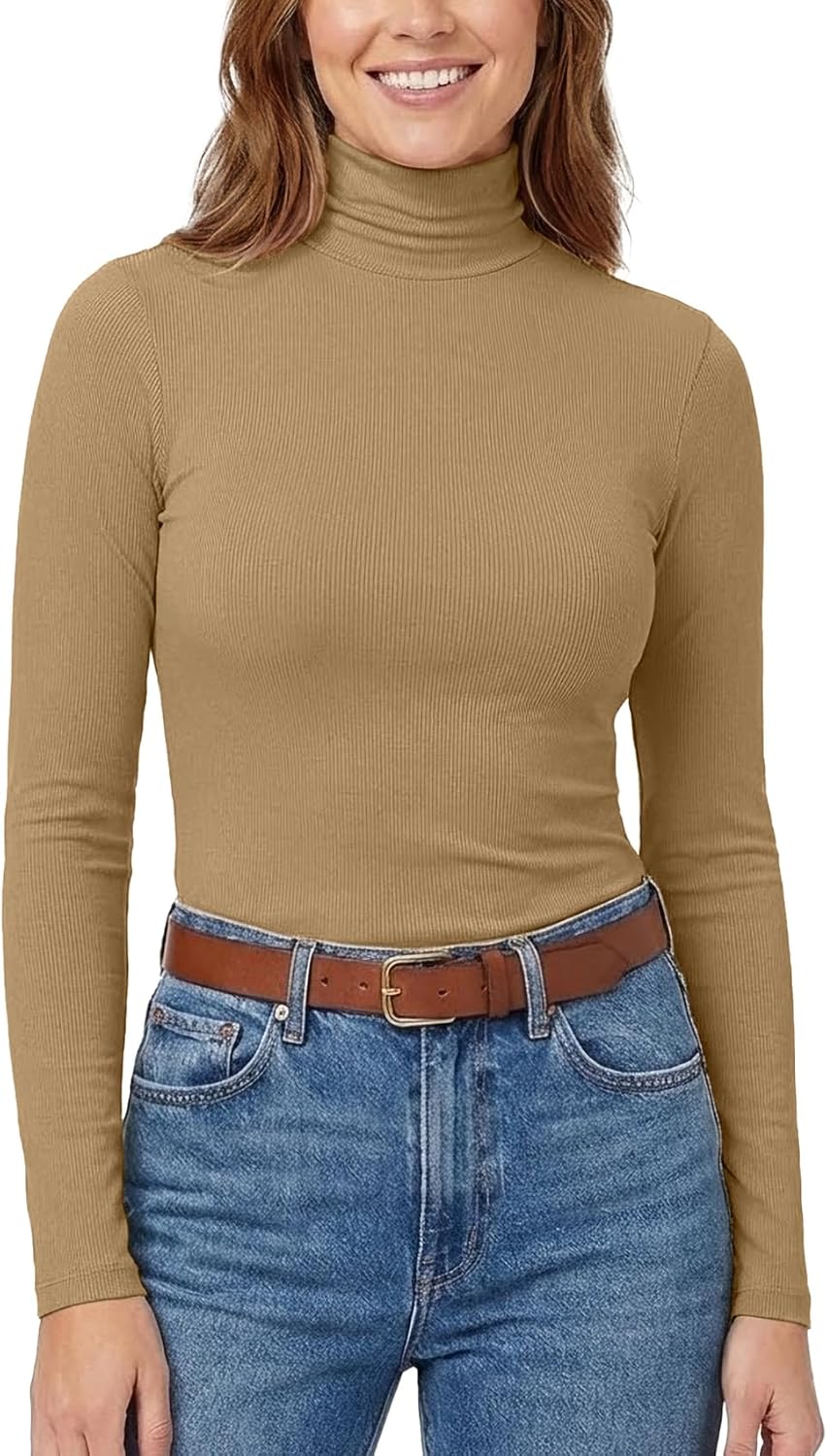 Zengjo Turtleneck Shirt Women-Ribbed Long Sleeve Tops Slim Fitted Base Layer Soft Stretch