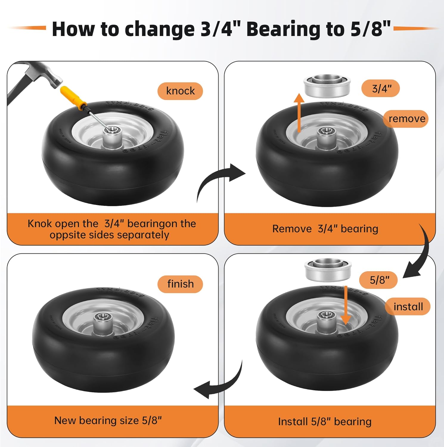 2 PC 11x4.00-5" Flat-Free Tire and Wheel, 11" Lawn Mower Tire, 3/4" or 5/8" Bearings, Durable Smooth Tread, Fits Zero-Turn Lawn Mowers Tires, 350lbs Load Capacity, Adjustable Center Hub (3" to 4.4")