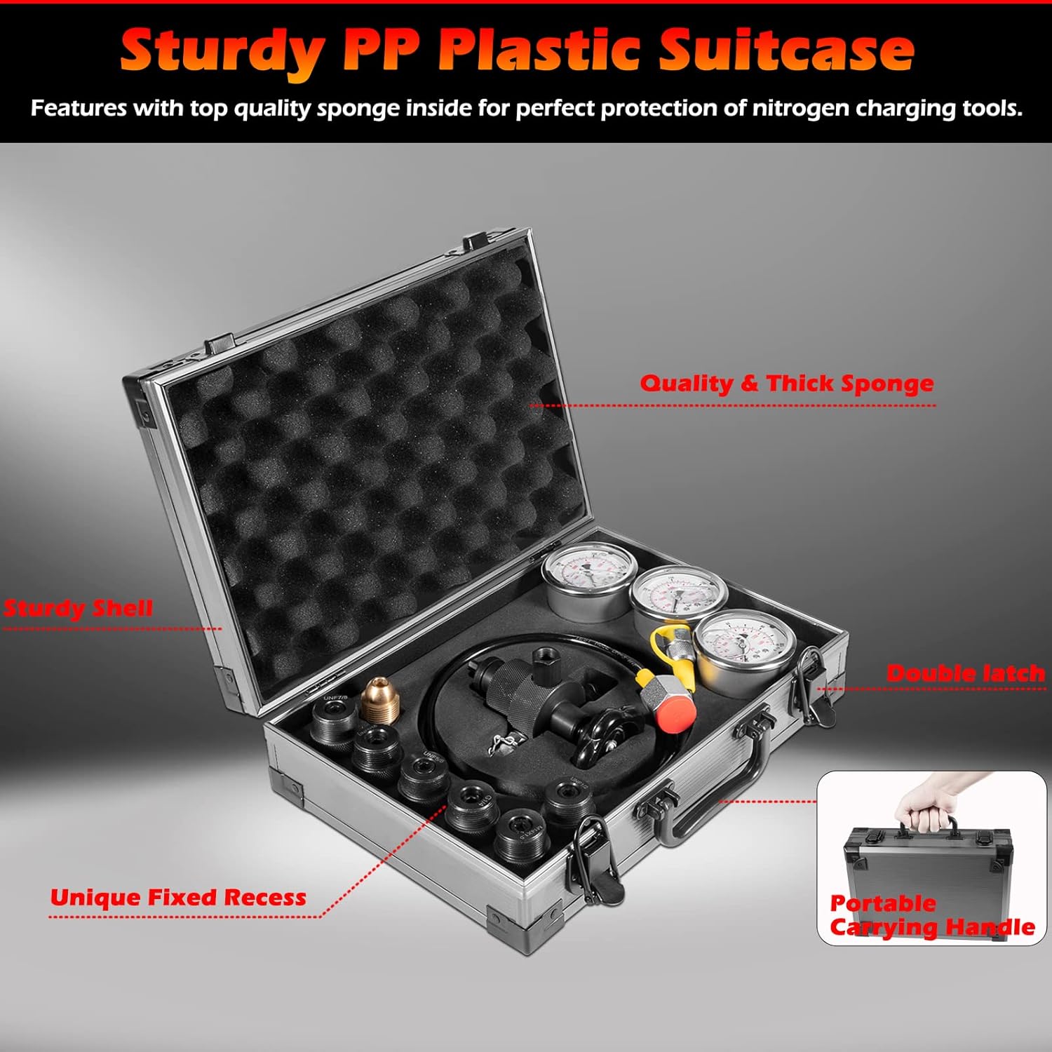 GK-01 Hydraulic Accumulator Nitrogen Charging System with 7 Couplings, 3 Pressure Gauges 1 Gas Hose and 1 Main Valve Body, Nitrogen Pressure Test Kit, Gas Charging Tools