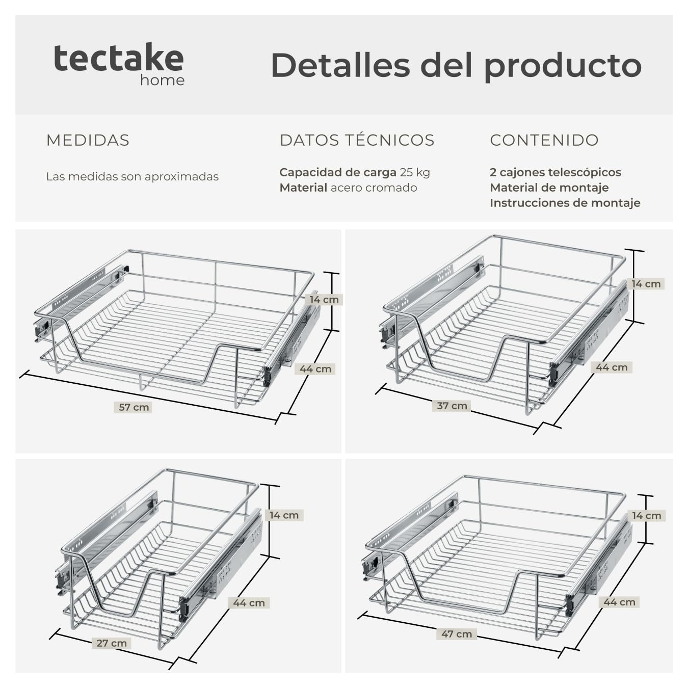 tectake® Cajón Telescópico, Bandeja Extraible Armario, Rieles Extensibles, Organizador Cocina, Organizador Armario Cocina, Cajon Telescopico Cocina - 2 Cajones, Apto para armarios de 30 cm