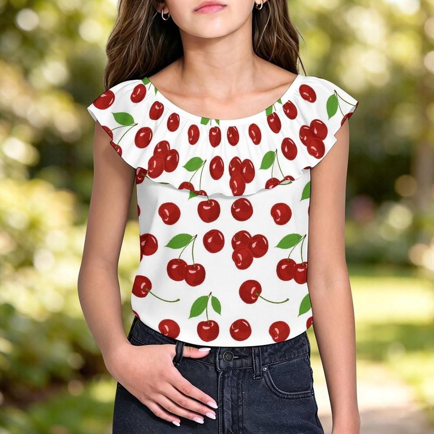 Fresh Cherries Girls T-Shirts Top Ruffle Short Sleeve Blouse Casual Graphic Tees