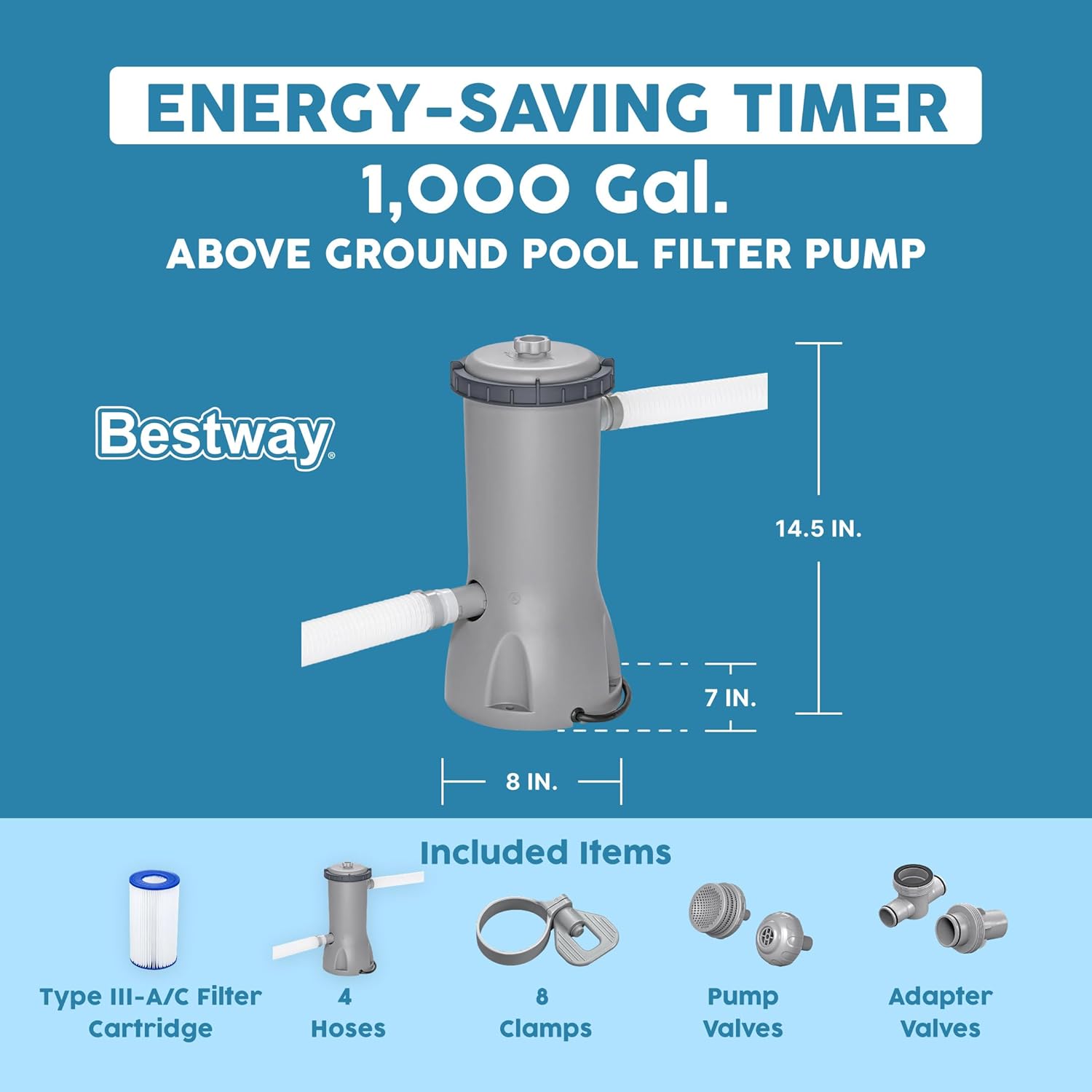 Bestway 1,000 GPH Filter Pump for Above Ground Swimming Pool with Type III-A/C Cartridge