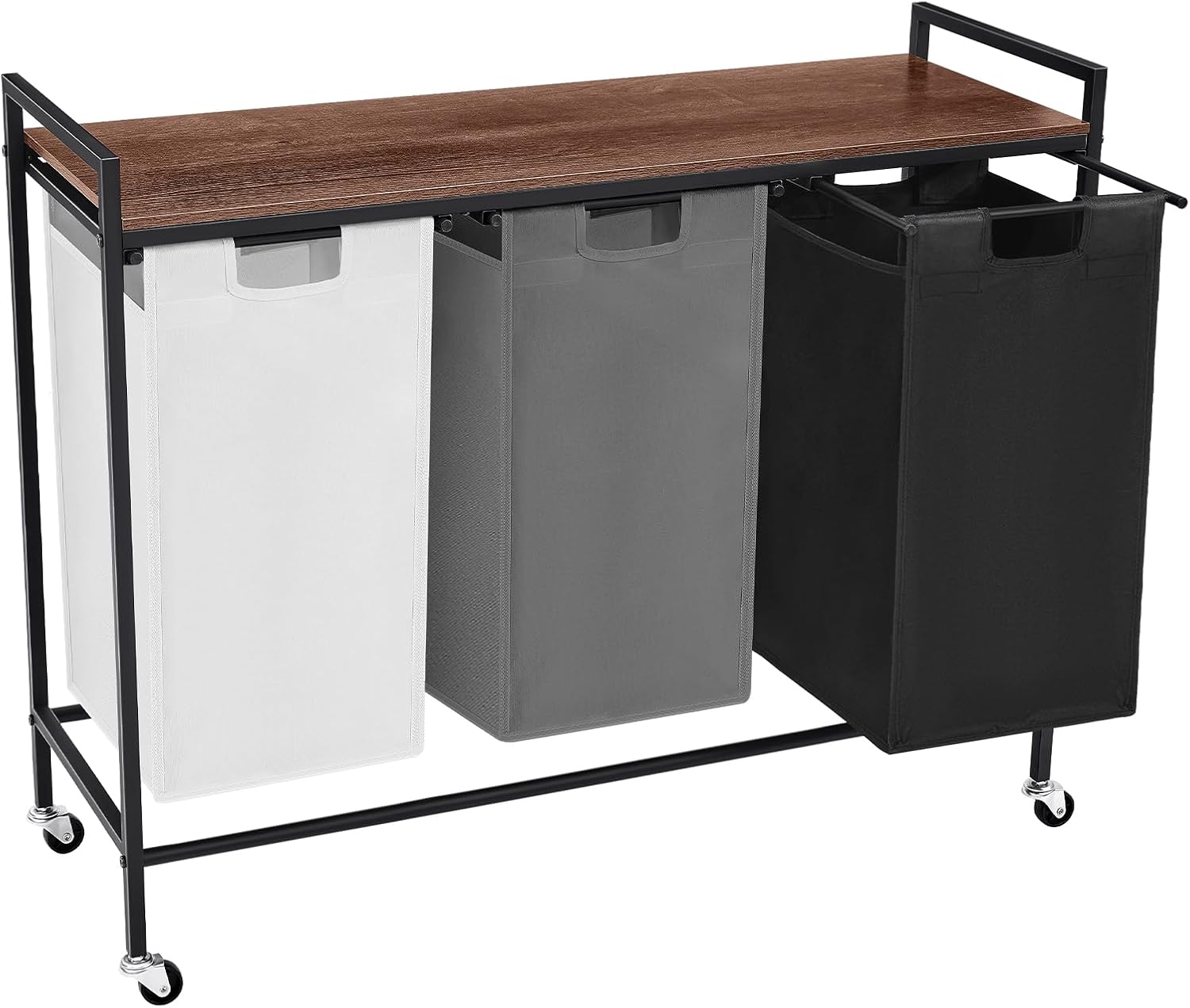 Laundry Sorter 3 Section, Rolling Laundry Hamper with Shelf, 3 Compartment Laundry Basket with Lid, Organizer Rustic Wooden Top