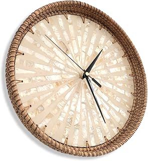 Maximalist Decor Wall Clock - Unique and Silent Non-Ticking - 12Inch - Rustic Cottagecore Design with Rattan, Shell, and Metal Pointer (9.5 Inches)