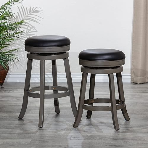 Miniatura 6 de DTY Indoor Living Creede Taburete giratorio sin espalda, acabado gris desgastado, altura de mostrador de 24 pulgadas, asiento de cuero negro