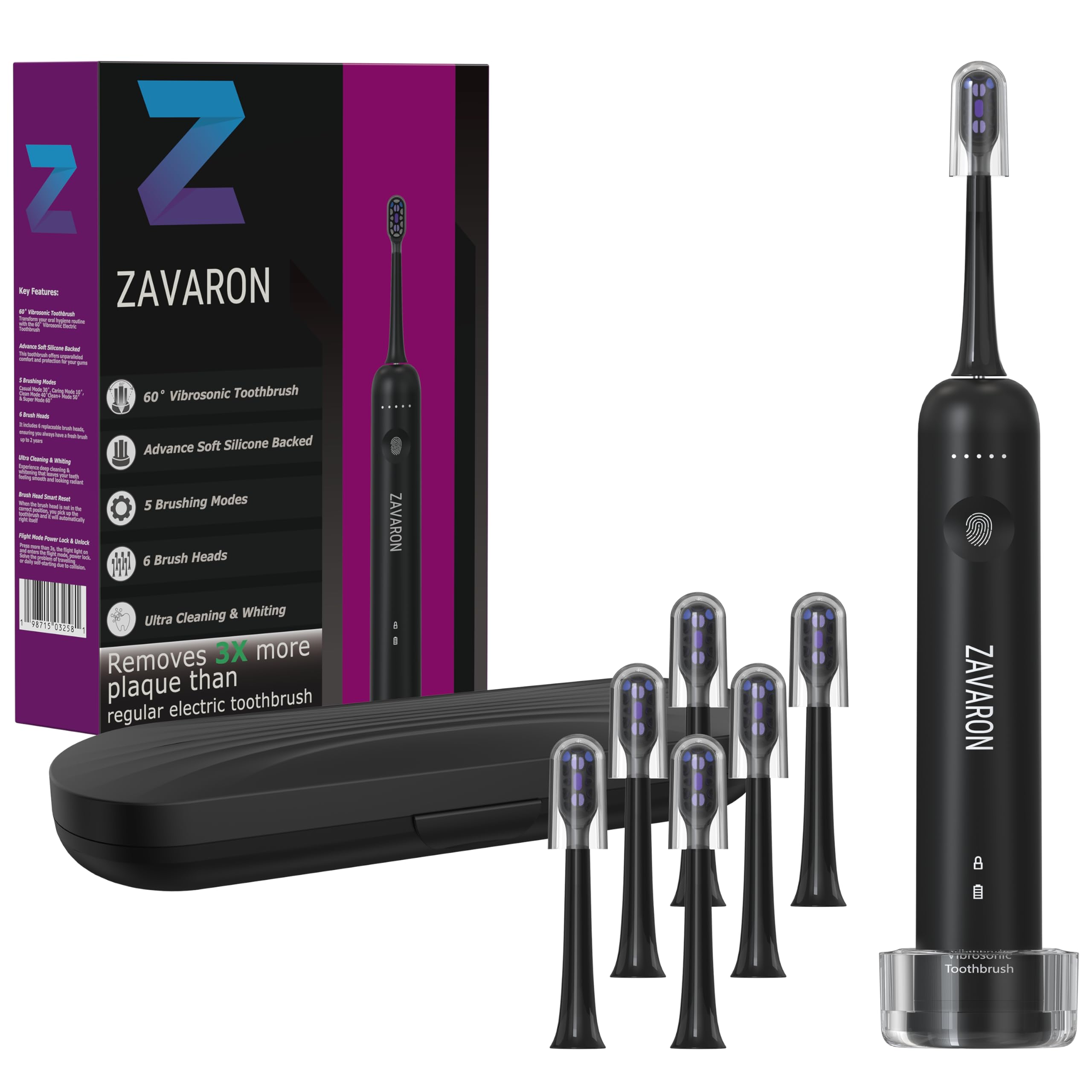 Sonic Electric Toothbrush for Adults Oscillation Vibration Rechargeable Power Toothbrush with 5 Modes 6 Brush Heads Travel Case