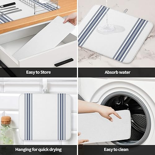 Miniatura 4 de Tapete de secado de platos a rayas simples para encimera de cocina, almohadilla de secado de microfibra de línea azul, tapete absorbente para tazas