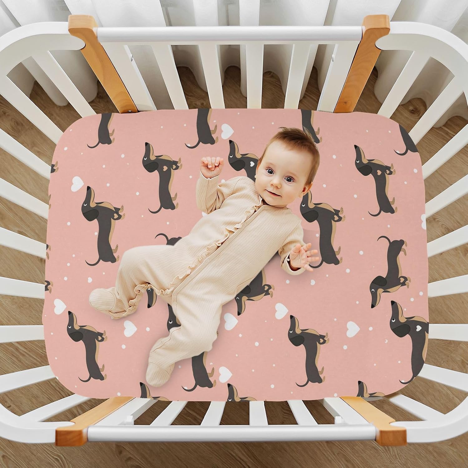 Pfrewn Crib Sheets for Boys Girls Dachshund Fitted Crib Sheet for Mini Crib Mattress Dogs Hearts Stretch Soft Toddler Baby Playard Sheet, 39x27x5IN