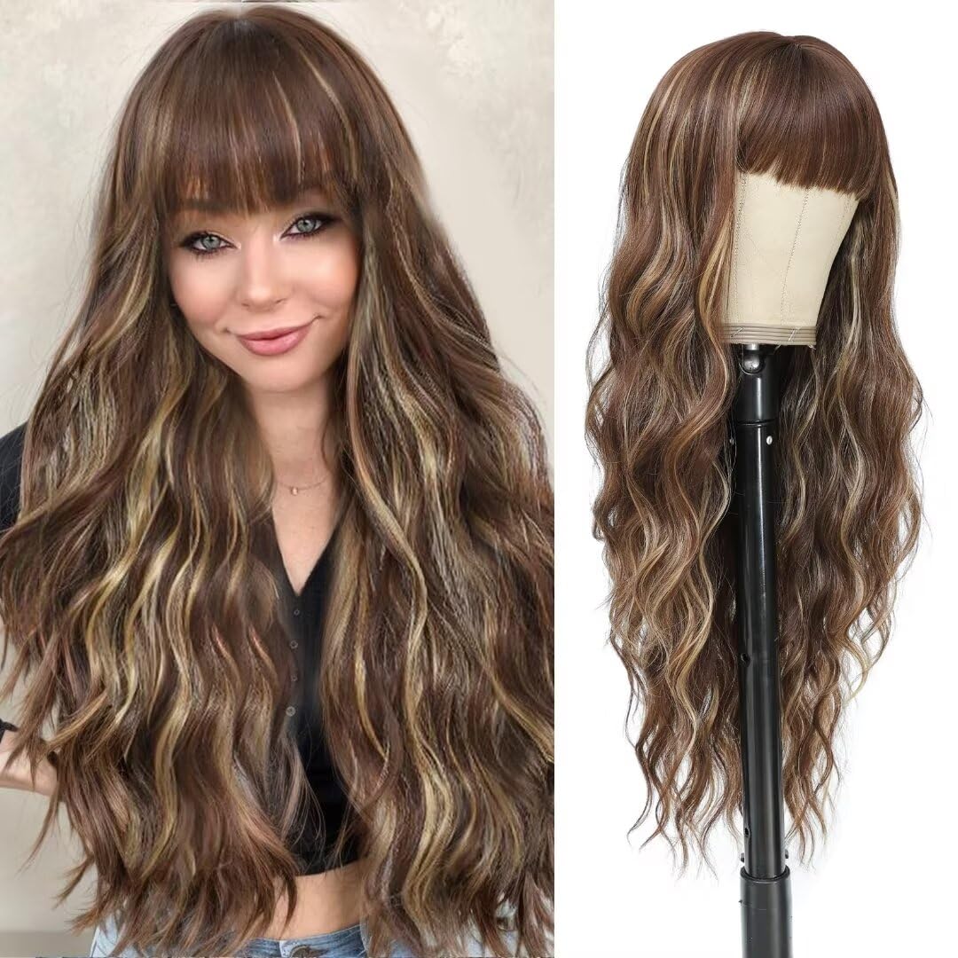 Highlight Brown Wig With Bangs Long Curly Wavy Brown Mixed Blonde Wig with Dark Roots Natural Synthetic Wavy Wigs for Women Heat Resistant Wigs for Cosplsy Halloween Daily Party Use 26 Inches