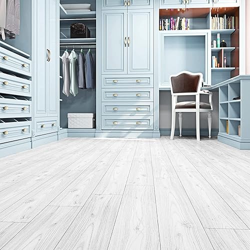 Miniatura 16 de FunStick Tablones de vinilo de madera blanca de 6 x 36 pulgadas para despegar y pegar, azulejos adhesivos impermeables para suelo, dormitorio, baño