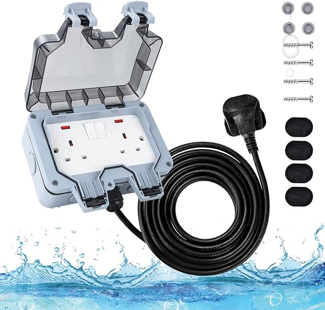 Youyijia Outdoor Socket Double Waterproof Socket Ip66 13 Amp Electrical Outlet with 10M Wire for Bathroom Garden Garage