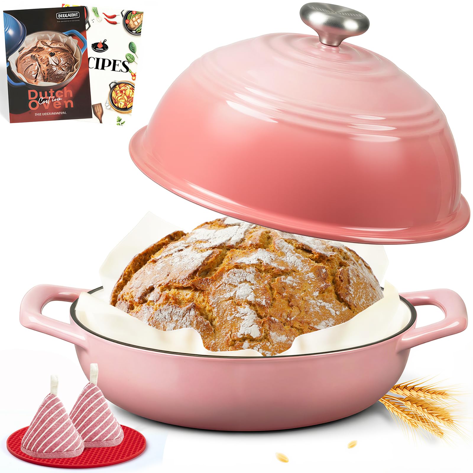 Overmont 26cm Enamelled Cast Iron Bread Oven, 6QT Dutch Oven Pot for Sourdough Bread Baking, Cast Iron Bread Pot with Dome Lid, Cotton Potholders & Cookbook,Pink
