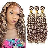 DiexrLamx P4/613 Bundles 613 Deep Wave Human Hair Bundles Two Tone Brown Mixed With Blonde Bundles Human Hair Brazilian Virgin Hair 3 Bundles 8 10 12 Inch Ombre Blonde Bundles Hair Weave