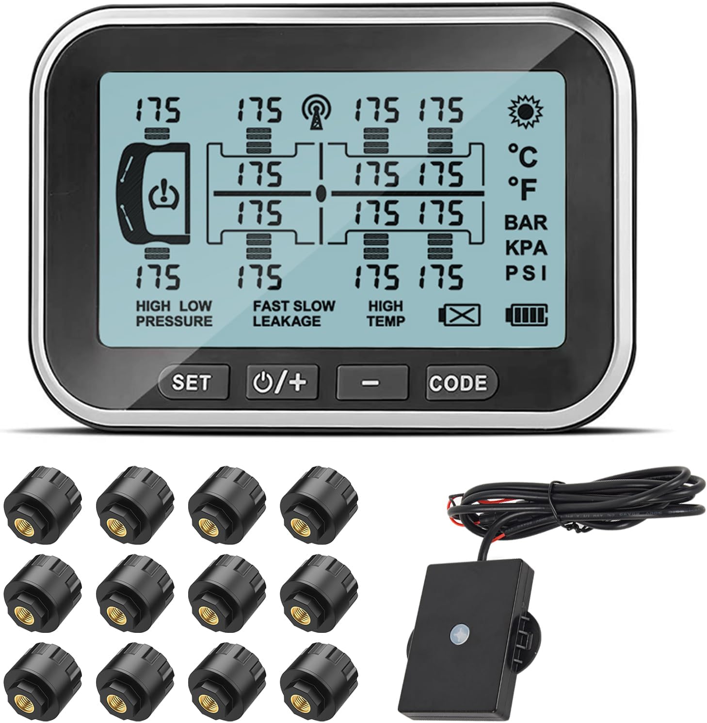 RV Tire Pressure Monitoring System, (0-199PSI) TM6 TPMS 4.5-inch Screen with 12 Sensors, 6 Alert Modes, Signal Booster, Long Distance Signal Transmission, for RV Trailer Truck (12 Sensors)