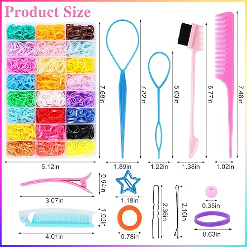 Miniatura 2 de MITINU Bandas de goma de 40 colores para el cabello con 15 herramientas de peinado, 3000 piezas coloridas elásticas para el cabello, bandas de goma