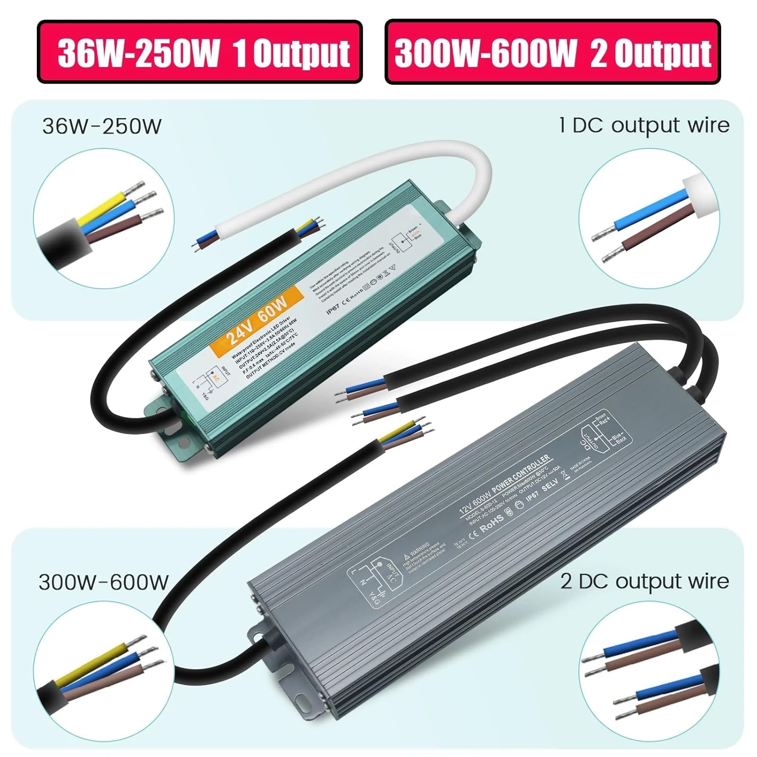 IP67 Waterproof Outdoor Use Lighting AC 110-250V to 12V 24V 60W 100W 150W 200W 300W 600W LED Driver Power Supply(400W,DC 24V)
