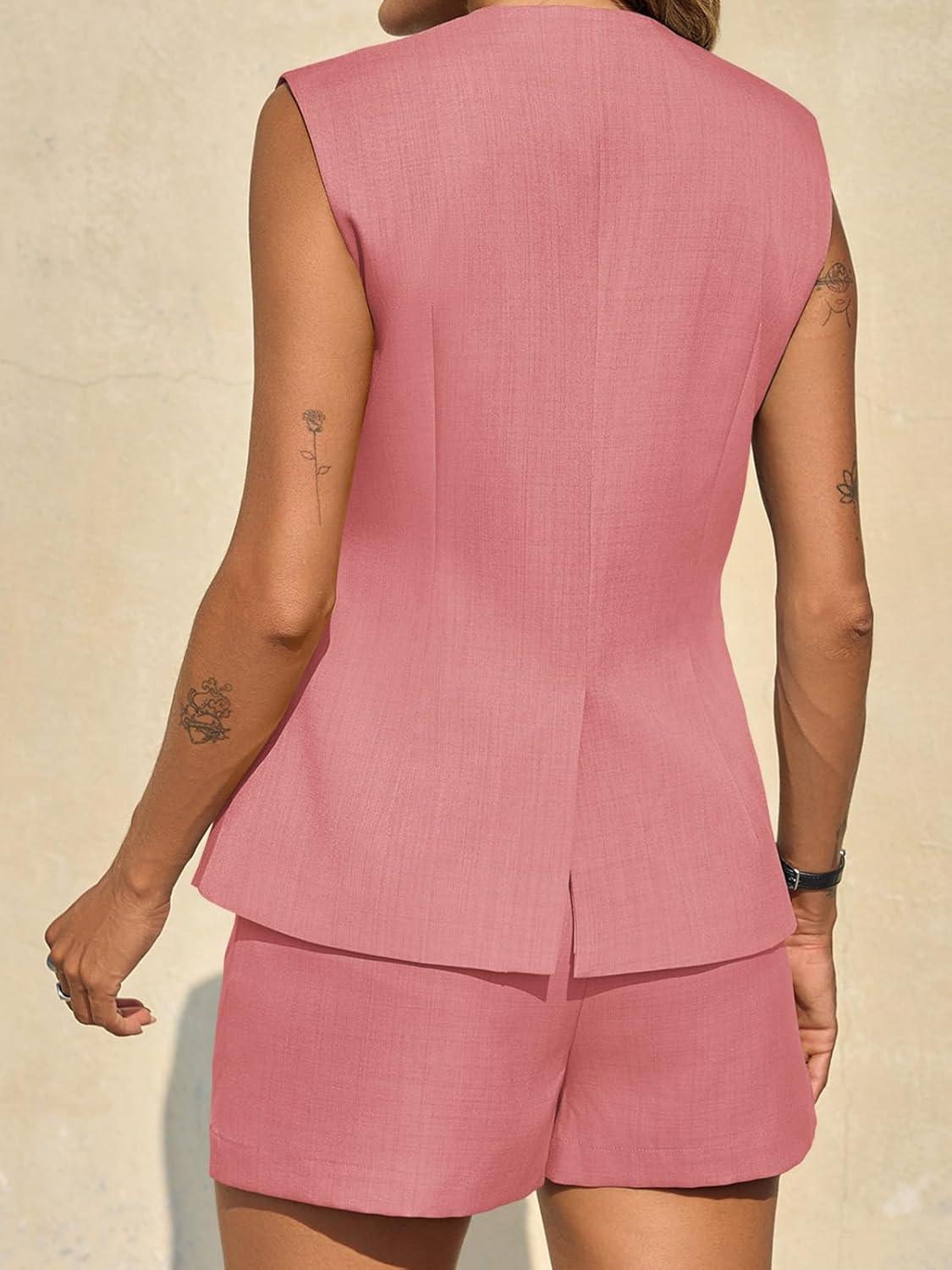 Tankaneo Womens 2 Piece Outfits Casual Suit Sets Sleeveless Button Down Blazer Vest Shorts Office Business Matching Set - Image 4